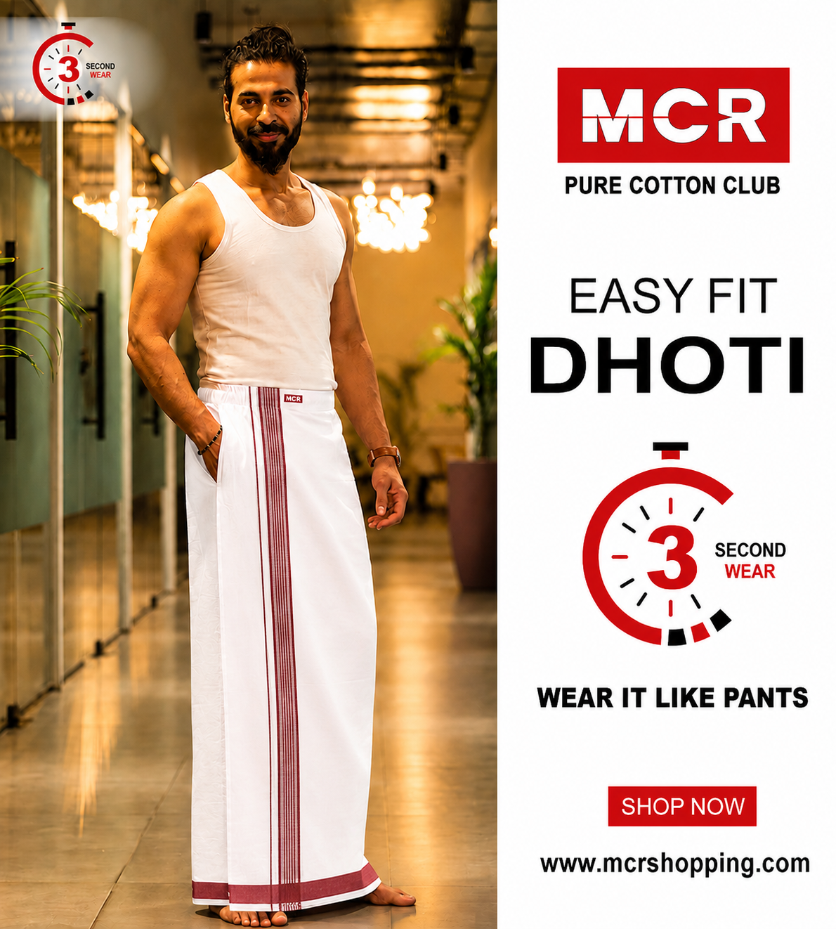 Easy Fit Fancy Border White Double Dhotis - Maroon