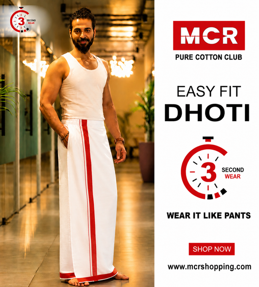 Easy Fit Fancy Border White Double Dhotis - Red