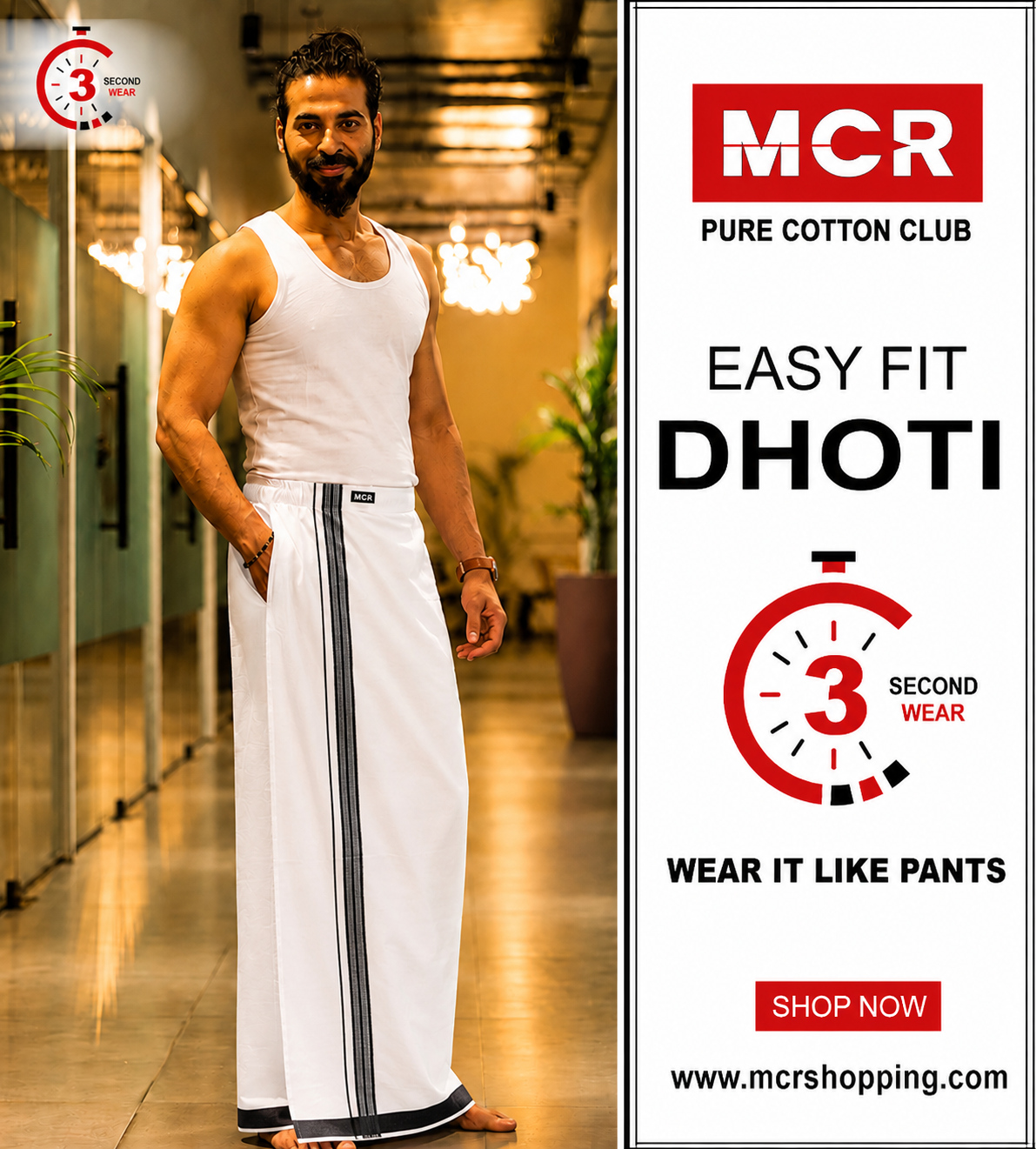 Easy Fit Fancy Border White Double Dhotis - Black