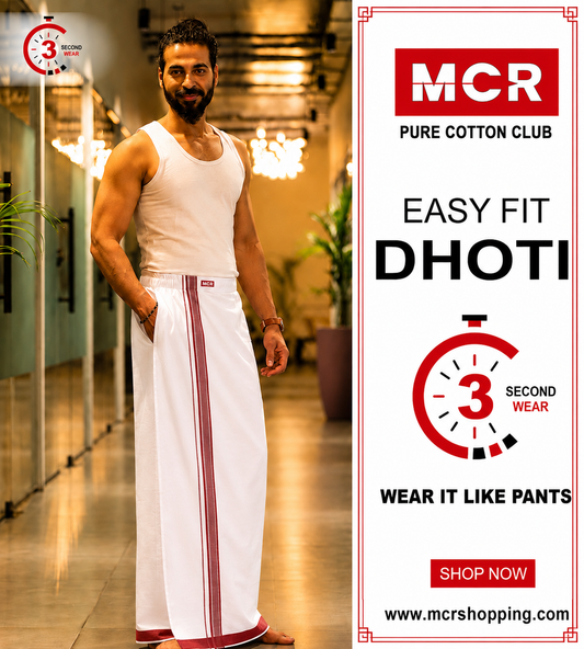 Easy Fit Fancy Border White Double Dhotis - Dark Maroon