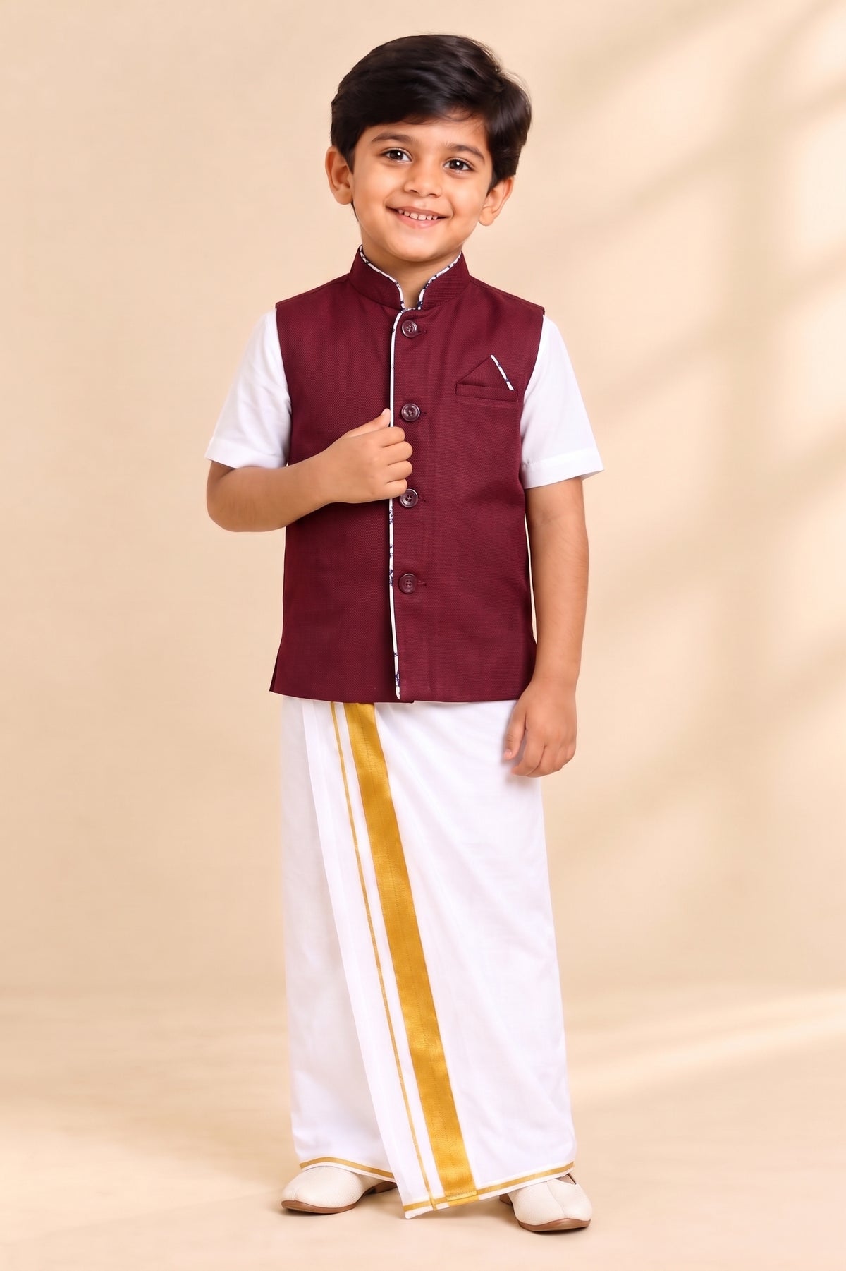 Kids Little Master Set (White Shirt + Dhoti + Coat) Cherry Red