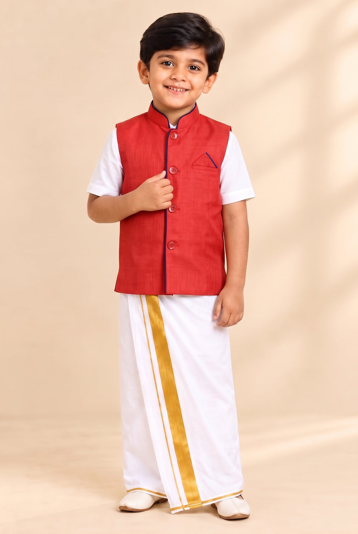 Kids Little Master Set (White Shirt + Dhoti + Coat) Coral Pink