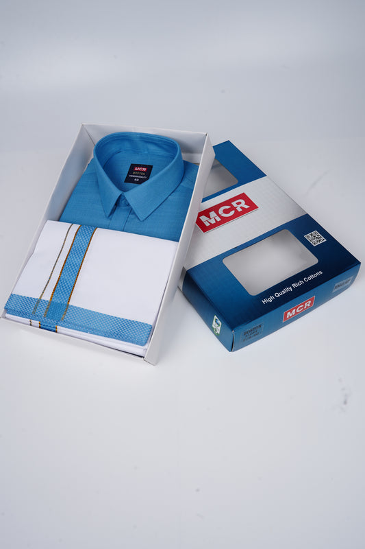 Boston Colour Shirt Fancy Matching Border Single White Dhoti Set - Ford 21054