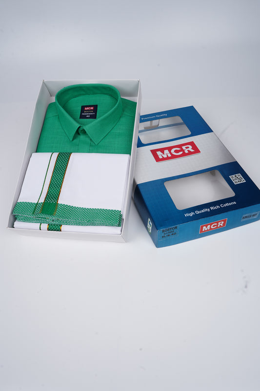 Boston Colour Shirt Fancy Matching Border Single White Dhoti Set - Ford 21002