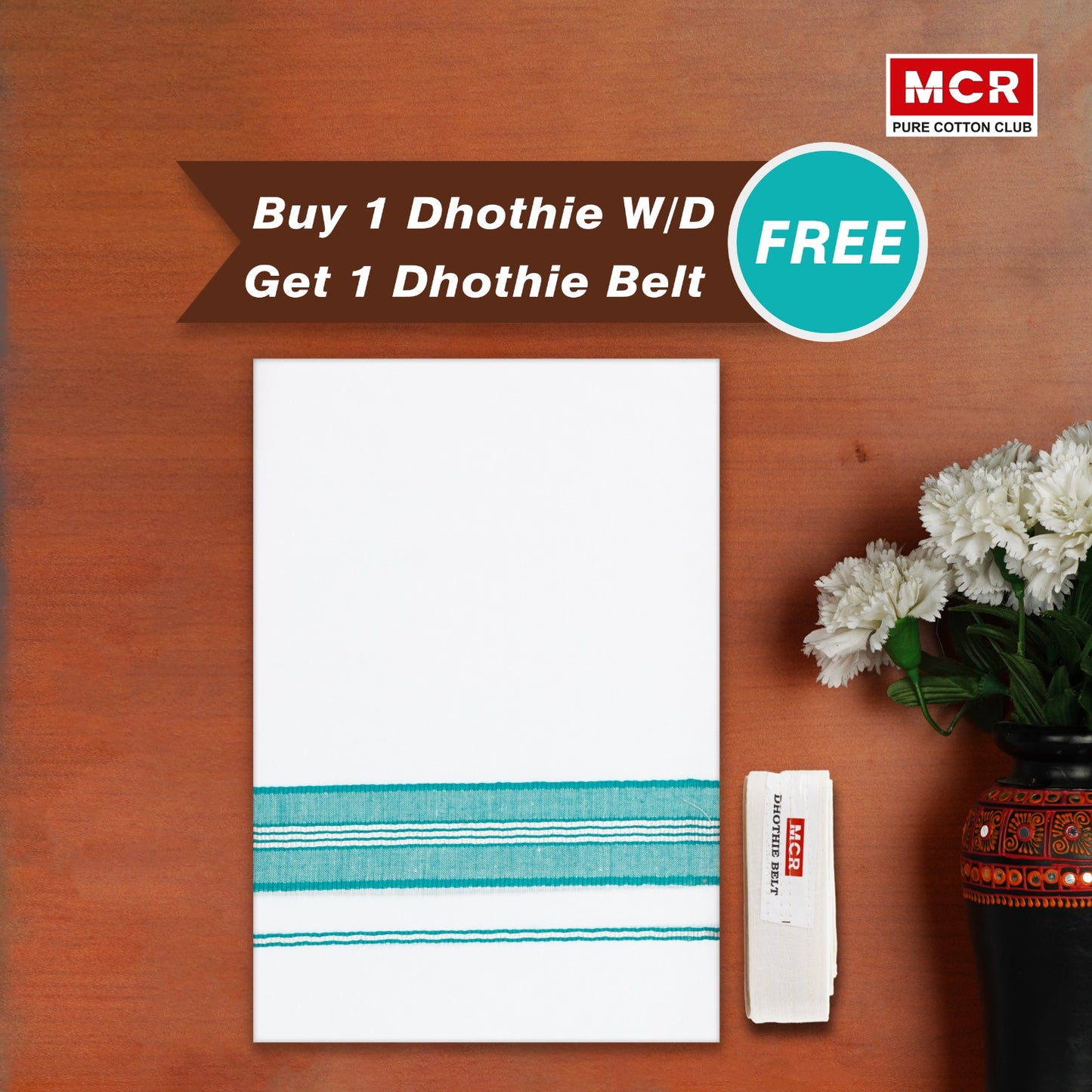 White Double Dhothie Cotton Colour Border For Men - FCD-334 Buy 1 Dhothie Get 1 Dhothie Belt Free (Assorted colours only)