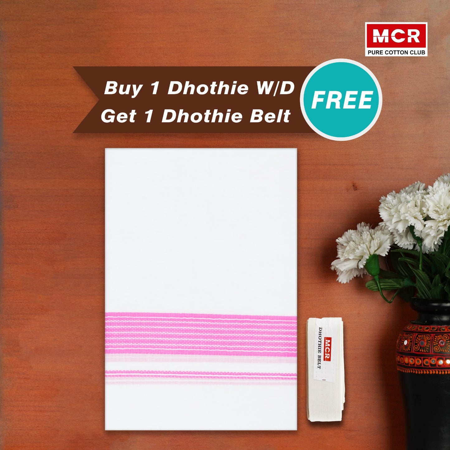 White Double Dhothie Cotton Colour Border For Men - FCD-470 Buy 1 Dhothie Get 1 Dhothie Belt Free (Assorted colours only)