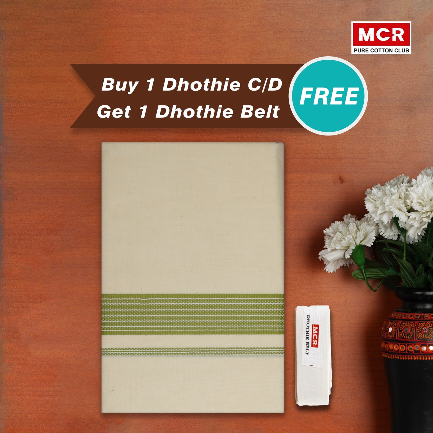 COTTON BORDER CREAM DOUBLE DHOTHIE FOR MEN - FCD-470C Buy 1 Dhothie Get 1 Dhothie Belt Free (Assorted colours only)
