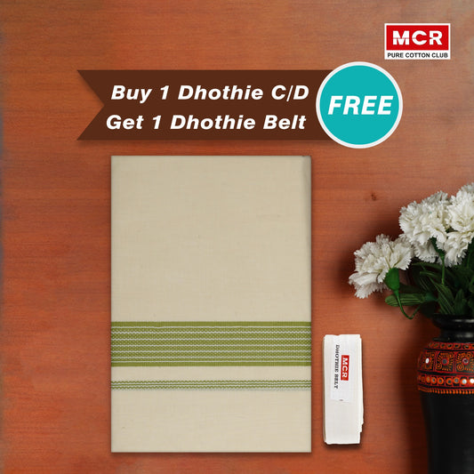 COTTON BORDER CREAM DOUBLE DHOTHIE FOR MEN - FCD-470C Buy 1 Dhothie Get 1 Dhothie Belt Free (Assorted colours only)