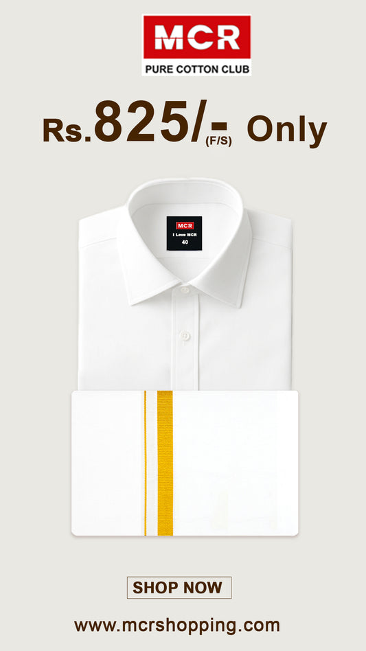 White Shirt + Gold Border Dhoti Single Set F/S (Dhoti Size 2mtr)