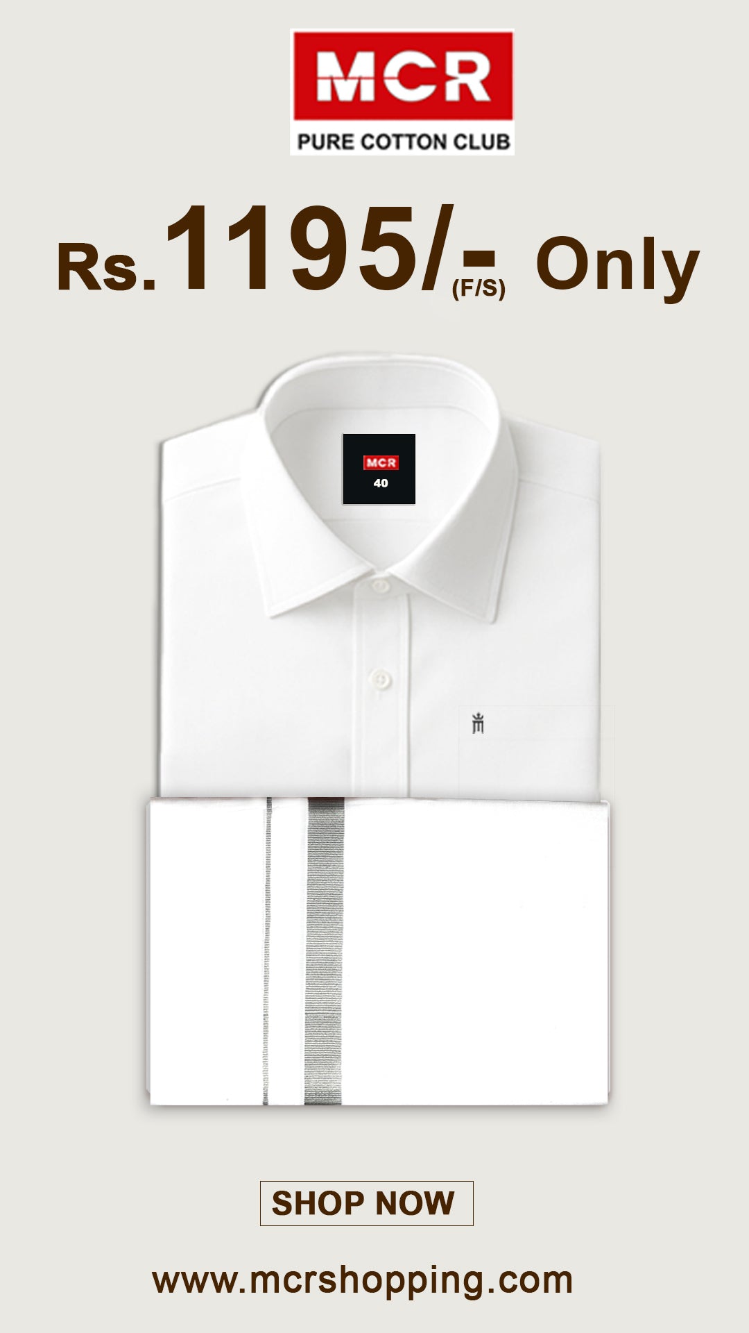 White Shirt + Silver Border Double Dhoti F/S (Dhoti Size 4mtr)