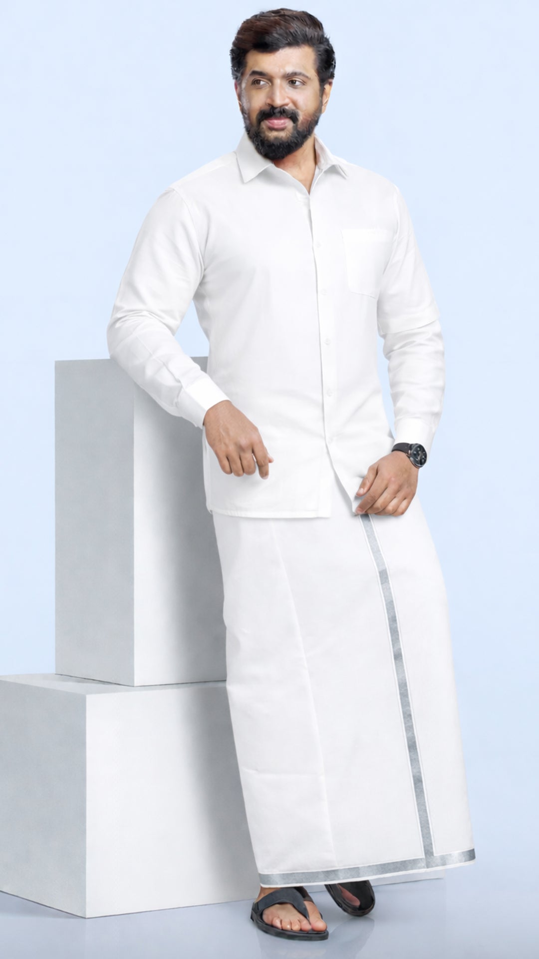 White Shirt + Silver Border Double Dhoti F/S (Dhoti Size 4mtr)