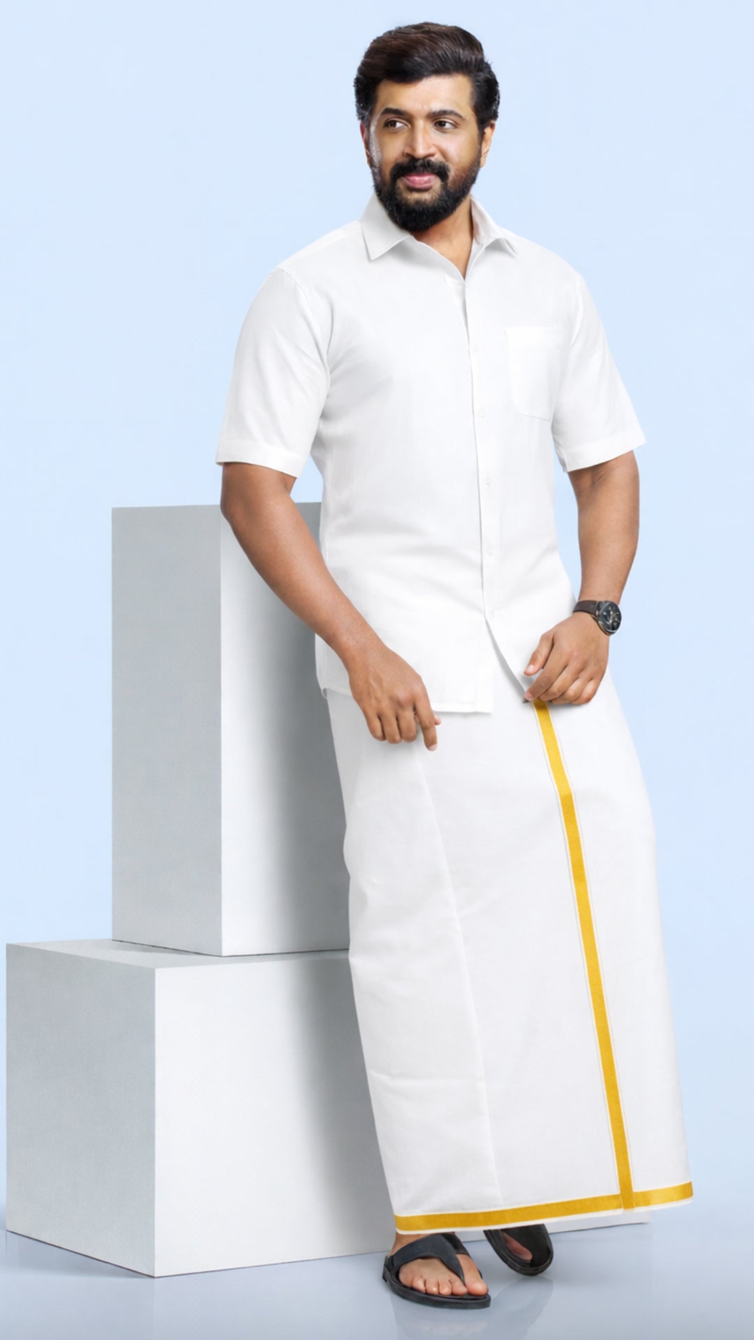 White Shirt + Gold Border Double Dhoti H/S - (Dhoti Size 4mtr)