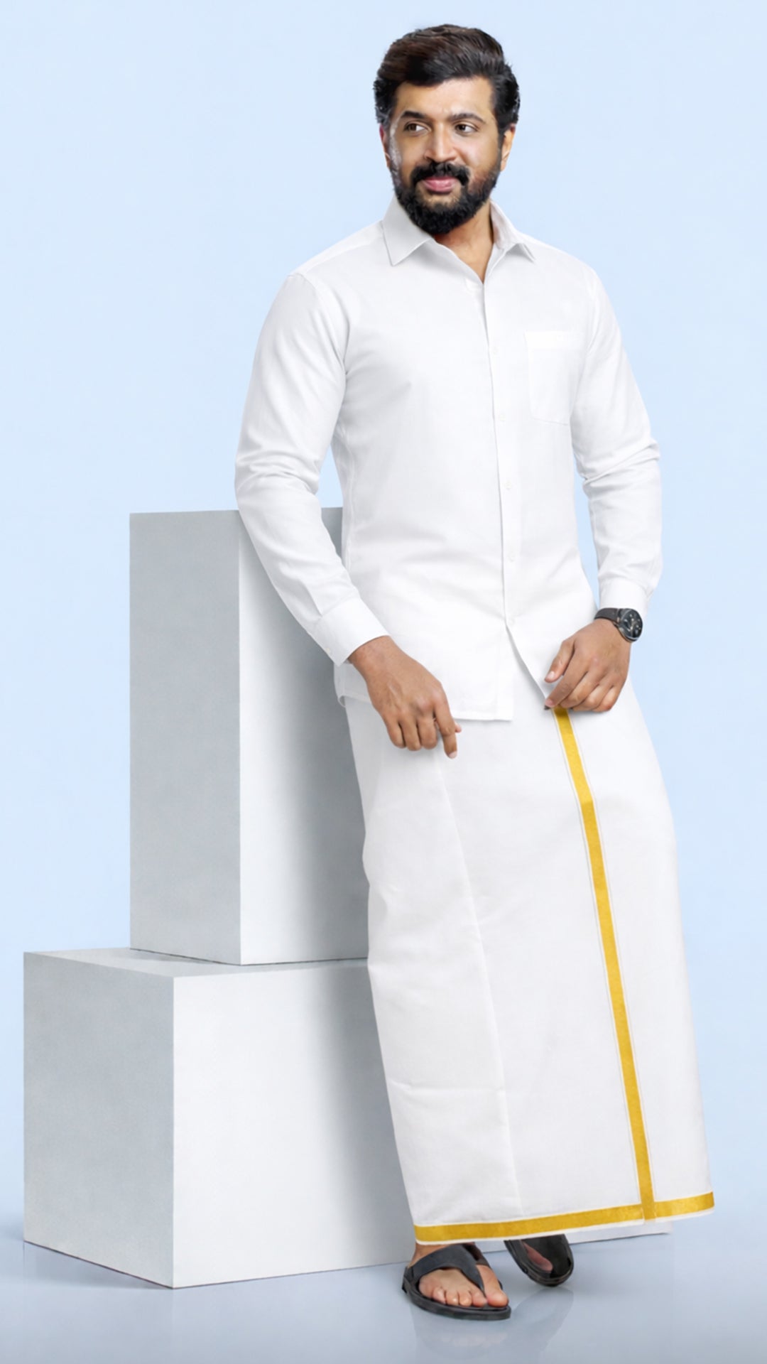 White Shirt + Gold Border Double Dhoti F/S (Dhoti Size 4mtr)