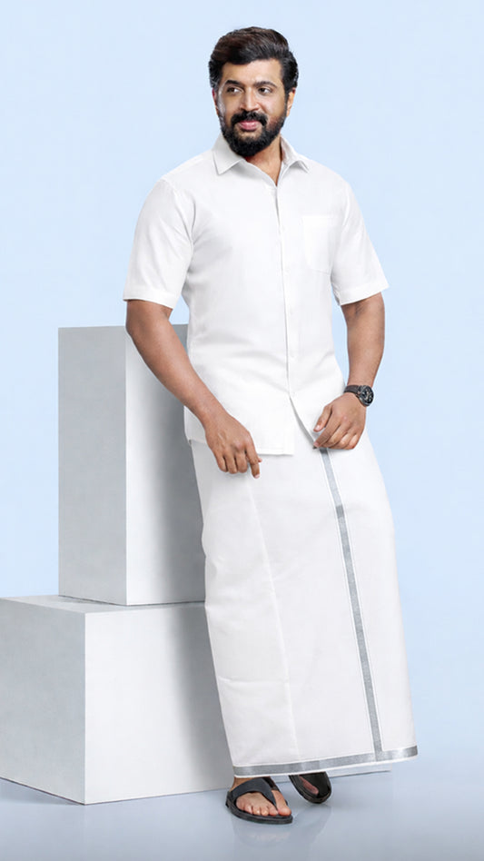 White Shirt + Silver Border Double Dhoti  H/S (Dhoti Size 4mtr)