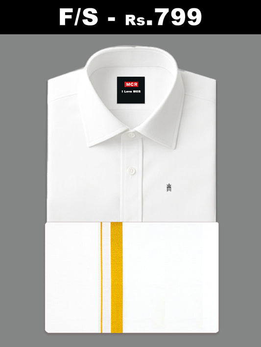 WHITE SHIRT + GOLD BORDER DHOTI SINGLE SET F/S (Dhoti Size 2mtr)