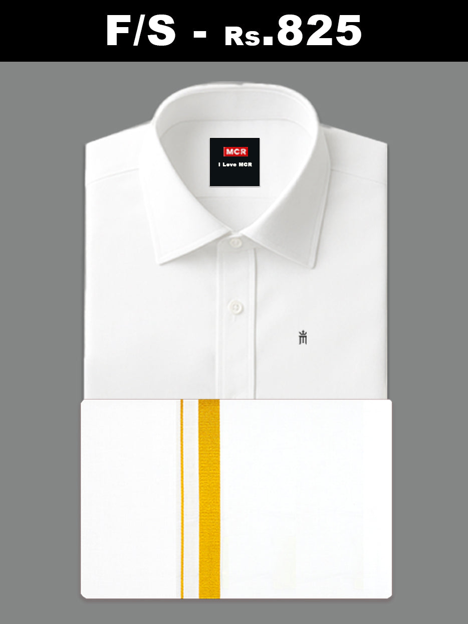 White Shirt + Gold Border Dhoti Single Set F/S (Dhoti Size 2mtr)
