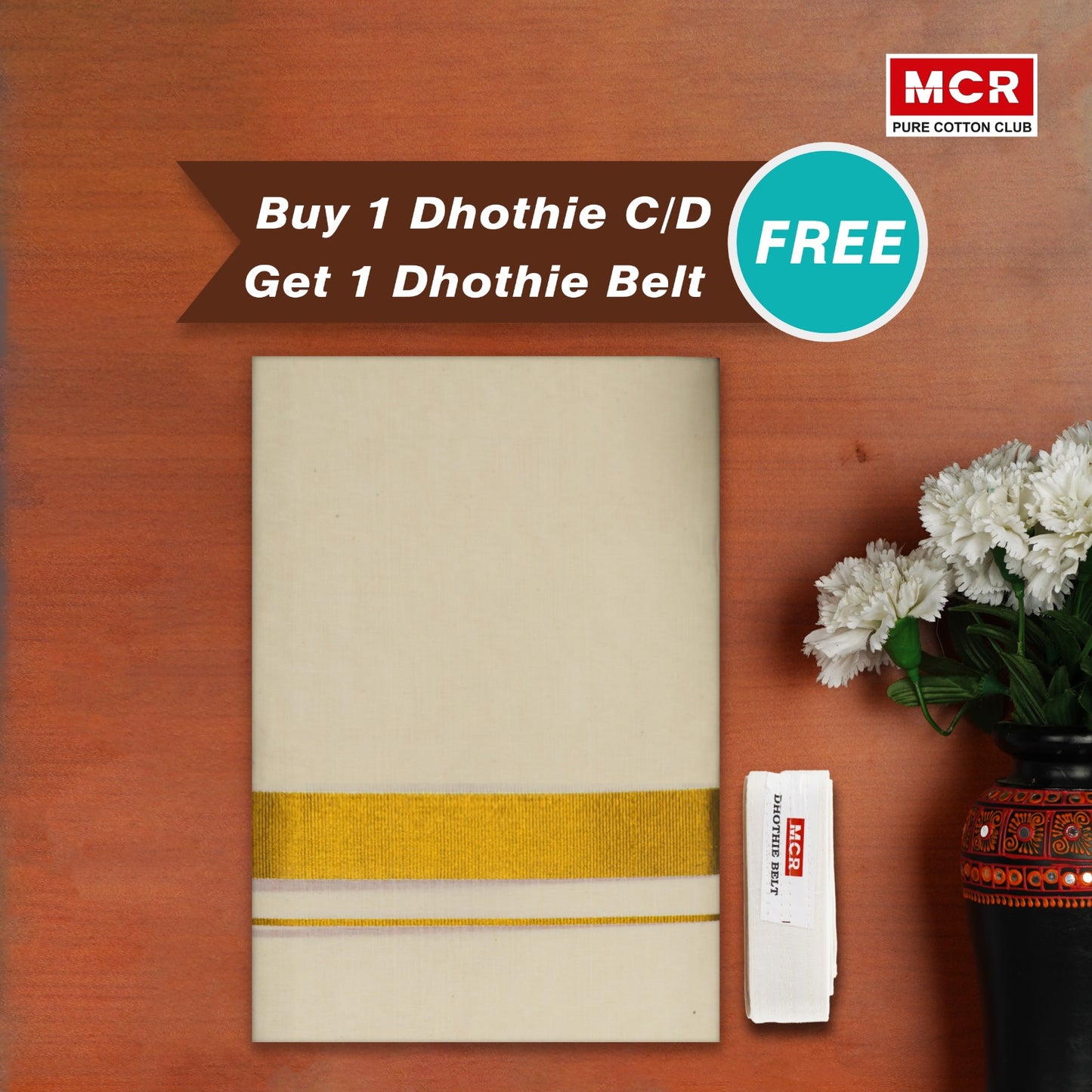 GOLD JARI BORDER CREAM COTTON DHOTHIE FOR MEN - GLD-89C Buy 1 Dhothie Get 1 Dhothie Belt Free