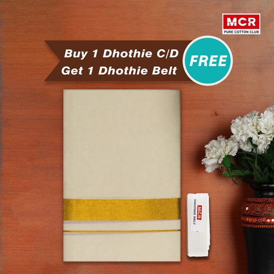 GOLD JARI BORDER CREAM COTTON DHOTHIE FOR MEN - GLD-89C Buy 1 Dhothie Get 1 Dhothie Belt Free