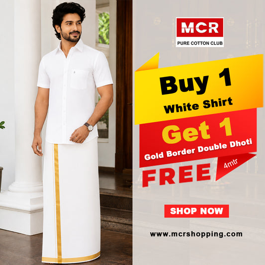 White Shirt + Gold Border Double Dhoti H/S - (Dhoti Size 4mtr)