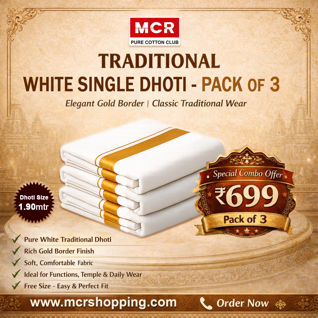 Gold Jari Border 3 pcs Combo w/s Dhoti 1.90 mtr