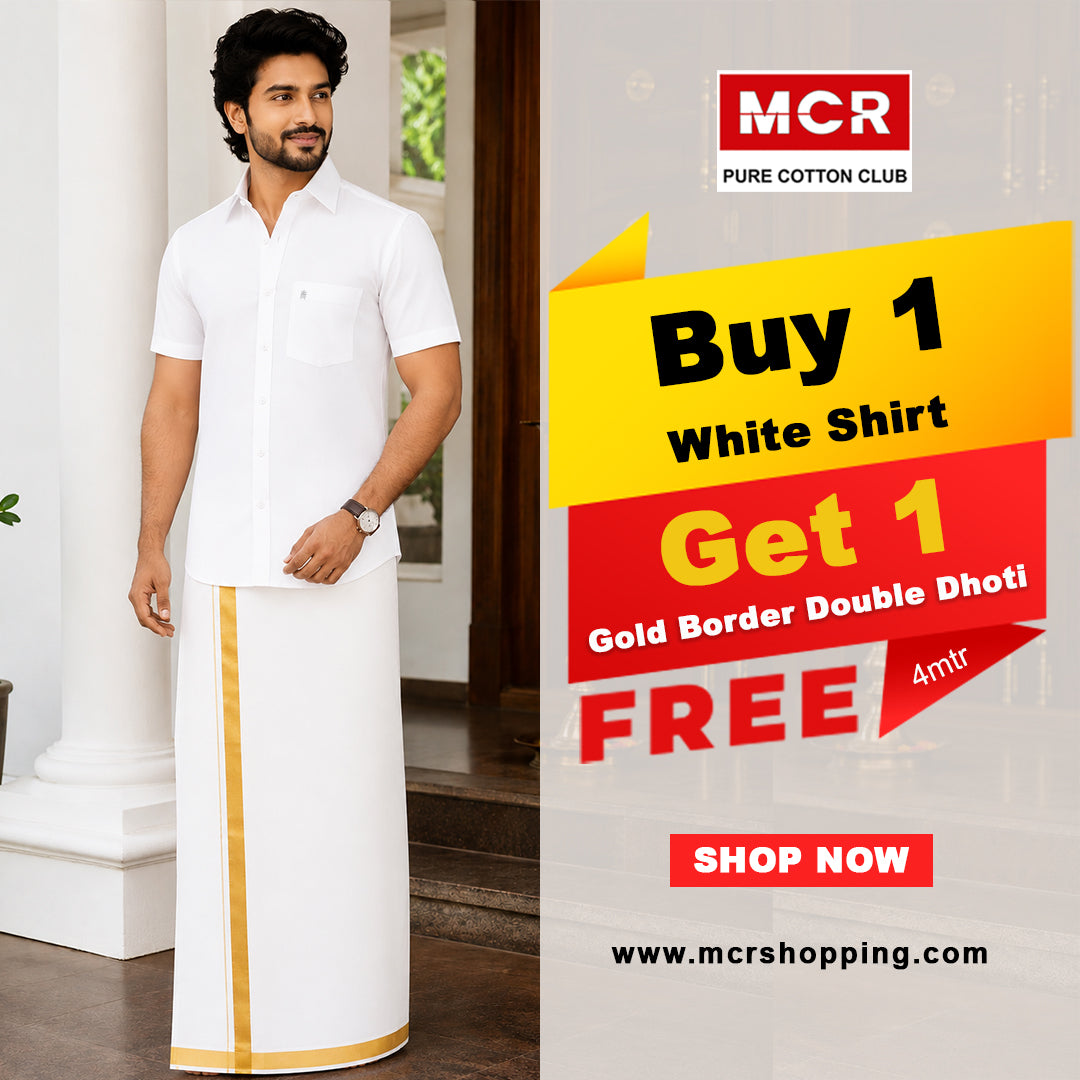 White Shirt + Gold Border Double Dhoti H/S - (Dhoti Size 4mtr)