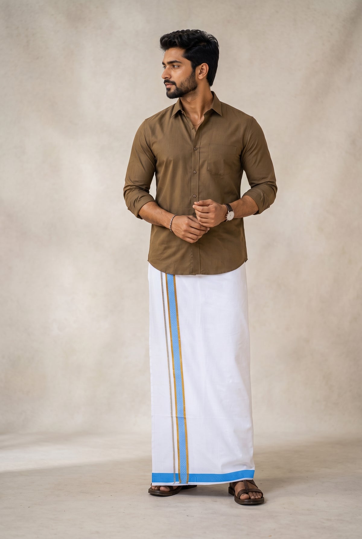 Mens Fancy Cotton Karai White Double Dhoti - 3.80M | Marina | Dodger Blue