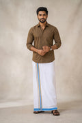 Mens Fancy Cotton Karai White Double Dhoti - 3.80M | Marina | Dodger Blue