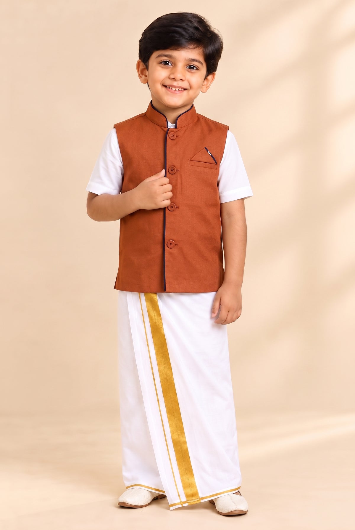 Kids Little Master Set (White Shirt + Dhoti + Coat) Light kavi