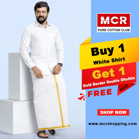White Shirt + Gold Border Double Dhoti F/S (Dhoti Size 4mtr)