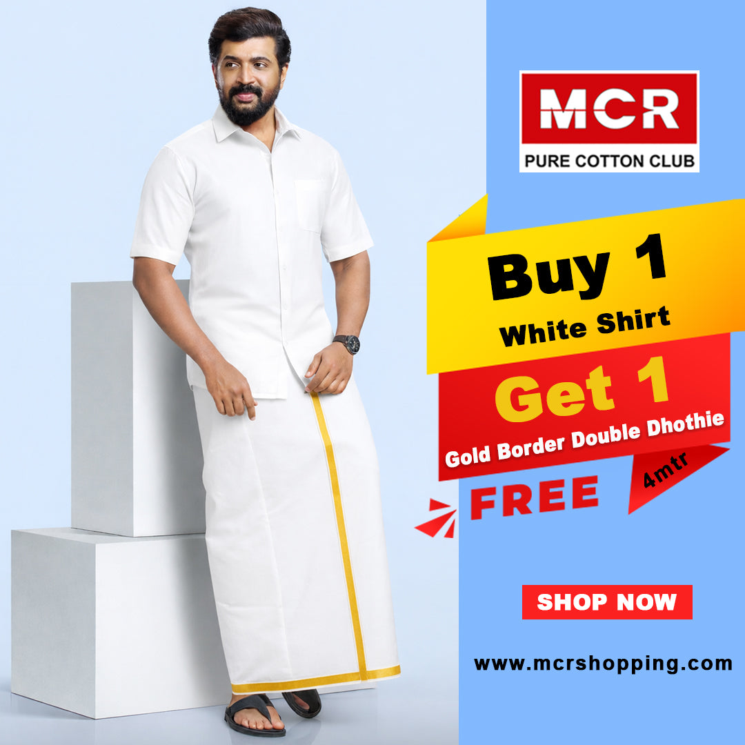 White Shirt + Gold Border Double Dhoti H/S - (Dhoti Size 4mtr)