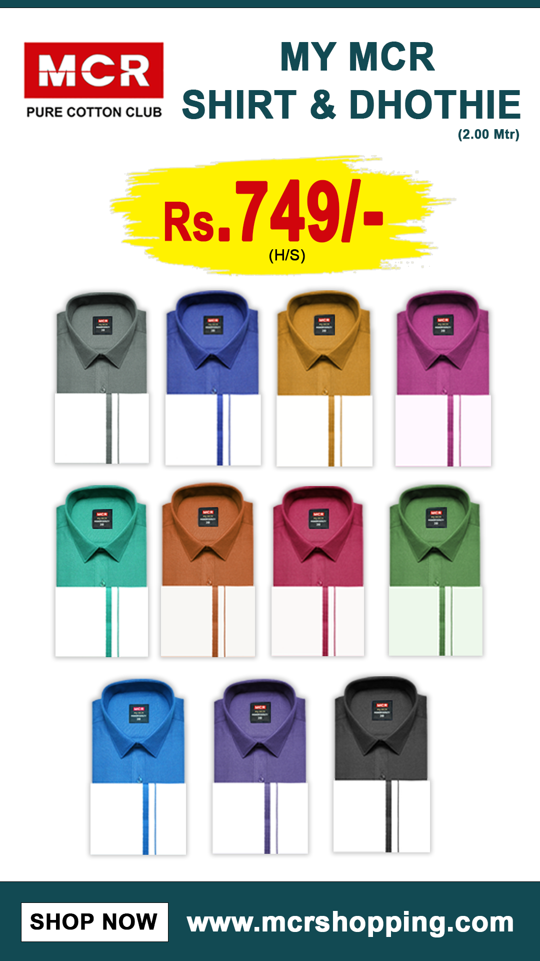 MY MCR COLOUR SINGLE SET HALF SLEEVE (38,40,42,44 - Dhoti Size 2.00 mtr) (46,48,50 - Dhoti size 2.25 mtr)