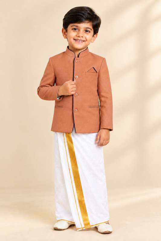 Kids Little Master Set (White Shirt + Dhoti + Coat) Light Orange