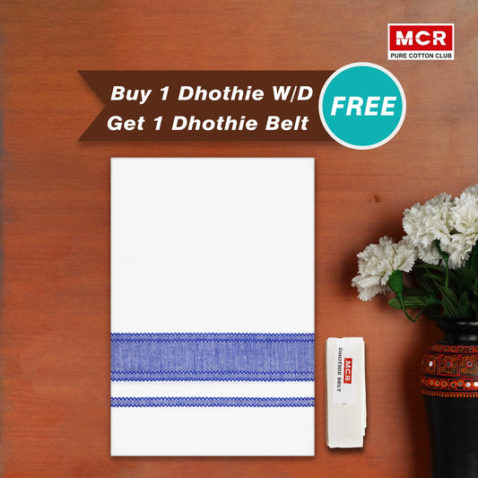 White Double Dhothie Cotton Colour Border For Men - FCD-05 Buy 1 Dhothie Get 1 Dhothie Belt Free (Assorted colours only)
