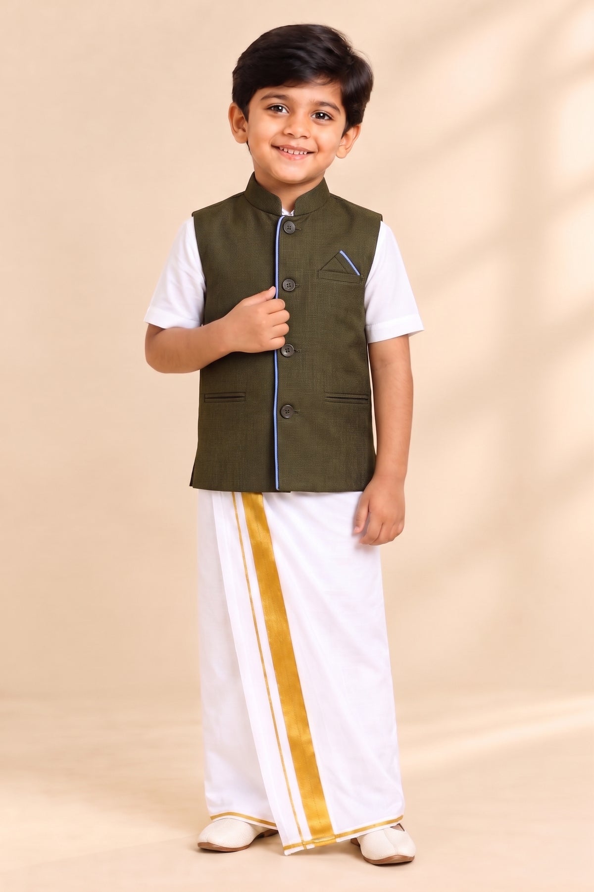 Kids Little Master Set (White Shirt + Dhoti + Coat) Olive Green