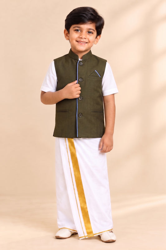 Kids Little Master Set (White Shirt + Dhoti + Coat) Olive Green
