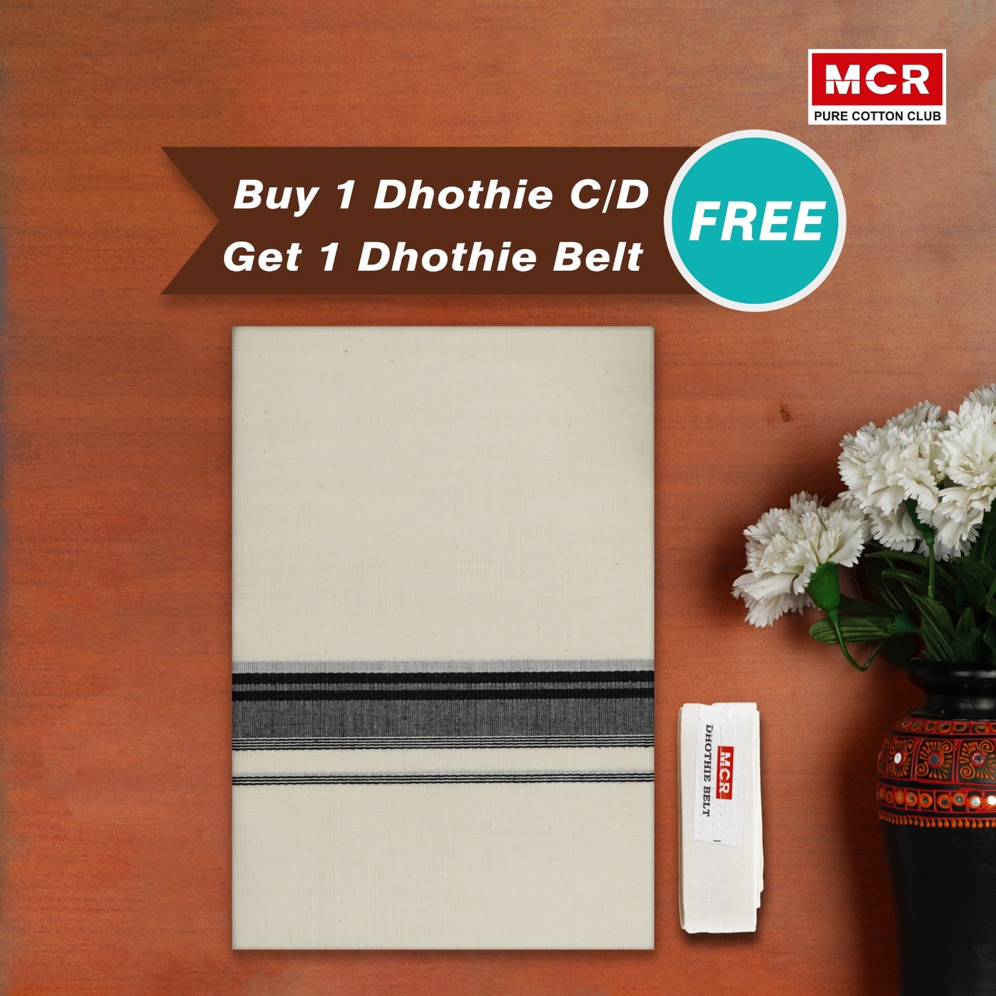 COTTON BORDER CREAM DOUBLE DHOTHIE FOR MEN - FCD-331C Buy 1 Dhothie Get 1 Dhothie Belt Free (Assorted colours only)