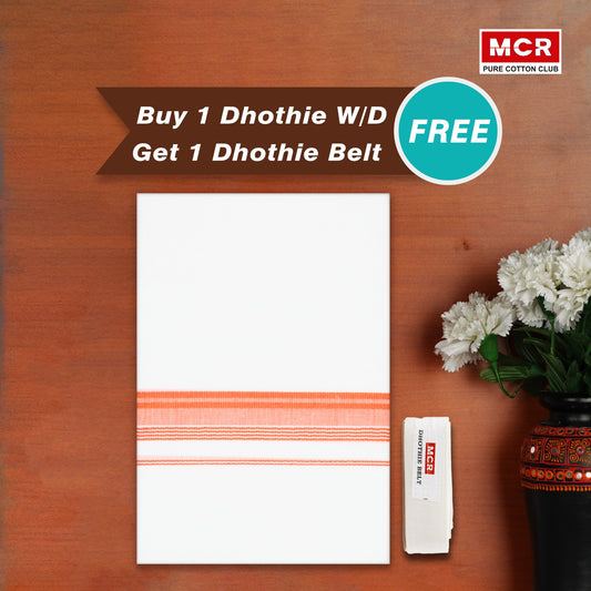 White Double Dhothie Cotton Colour Border For Men - FCD-331 Buy 1 Dhothie Get 1 Dhothie Belt Free (Assorted colours only)