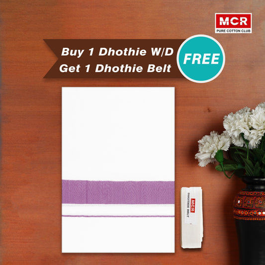 ROSE TISSUE BORDER WHITE DOUBLE DHOTHIE FOR MEN - RGD-40 Buy 1 Dhothie Get 1 Dhothie Belt Free (Assorted colours only)