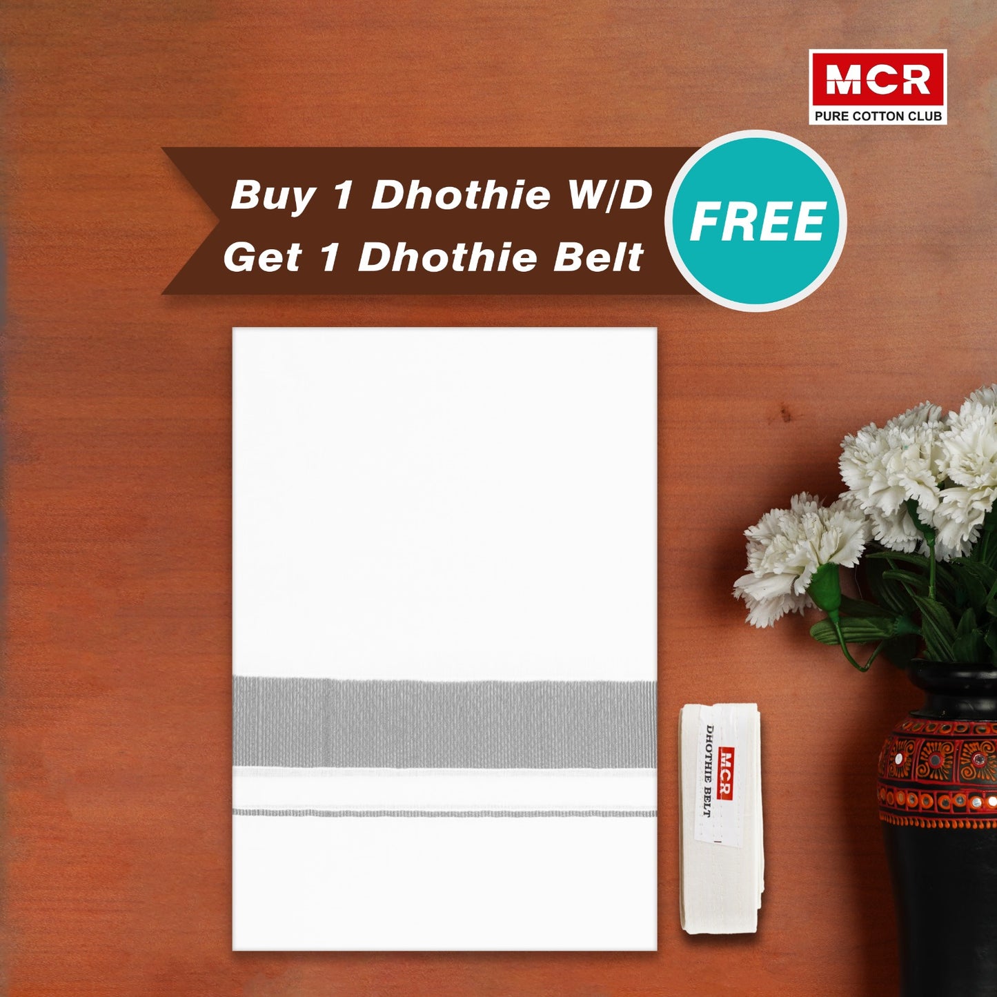 WHITE SILVER JARI BORDER 1 INCH DOUBLE DHOTHIE FOR MEN - SLD-41 Buy 1 Dhothie Get 1 Dhothie Belt Free