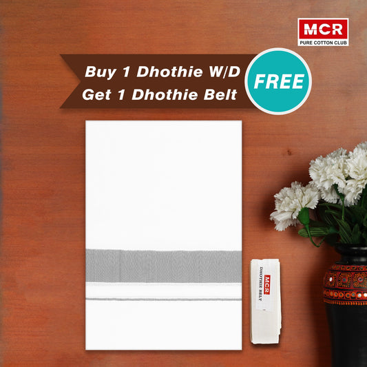 WHITE SILVER JARI BORDER 1 INCH DOUBLE DHOTHIE FOR MEN - SLD-41 Buy 1 Dhothie Get 1 Dhothie Belt Free