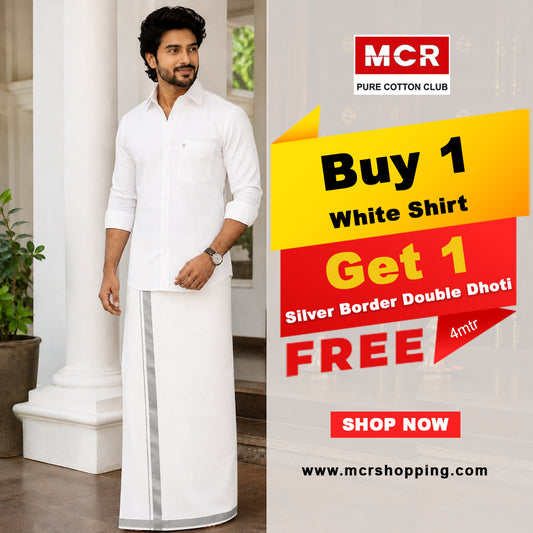 White Shirt + Silver Border Double Dhoti F/S (Dhoti Size 4mtr)