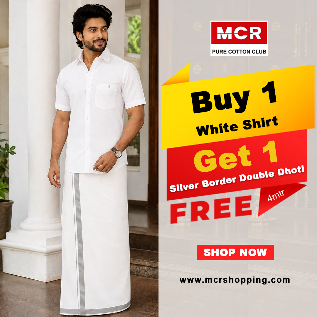 White Shirt + Silver Border Double Dhoti  H/S (Dhoti Size 4mtr)