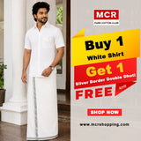 White Shirt + Silver Border Double Dhoti  H/S (Dhoti Size 4mtr)