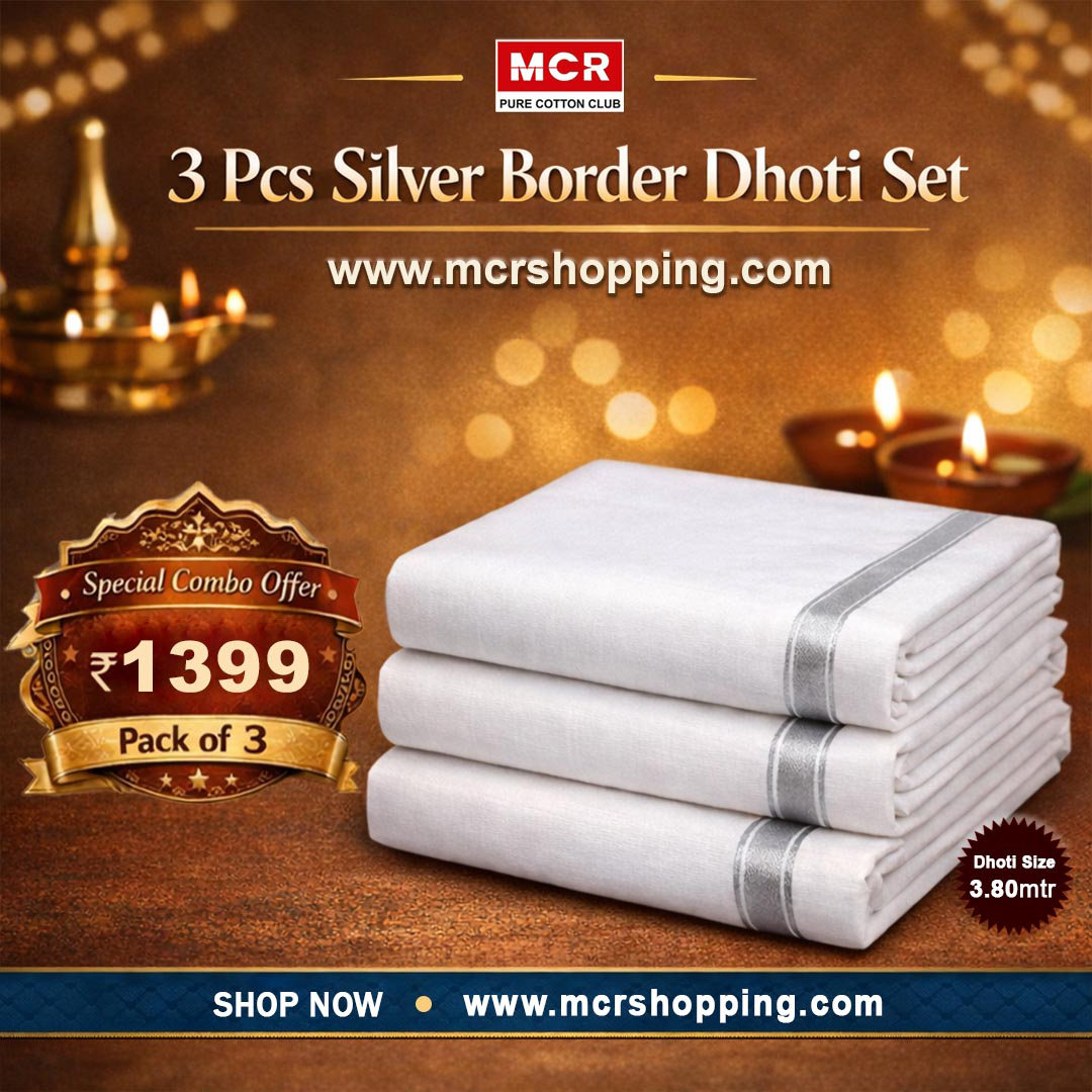 Silver Jari Border 3 pcs Combo W/D Dhoti 3.80 mtr