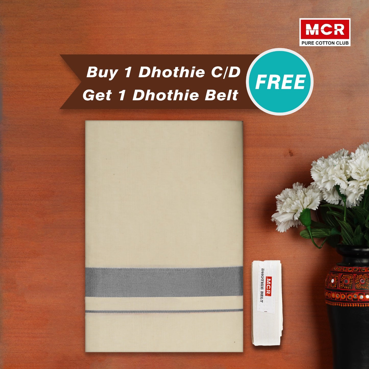 CREAM SILVER JARI BORDER 1 INCH DOUBLE DHOTHIE FOR MEN - SLD-46C Buy 1 Dhothie Get 1 Dhothie Belt Free