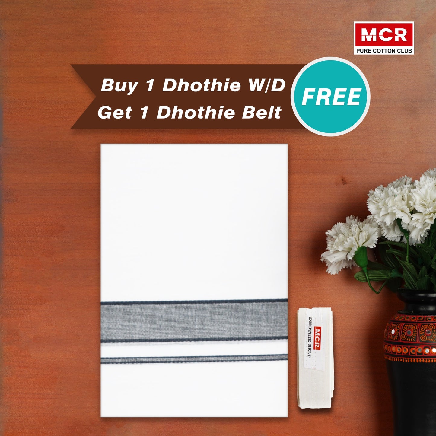 White Double Dhothie Cotton Colour Border For Men - FCD-507 Buy 1 Dhothie Get 1 Dhothie Belt Free (Assorted colours only)