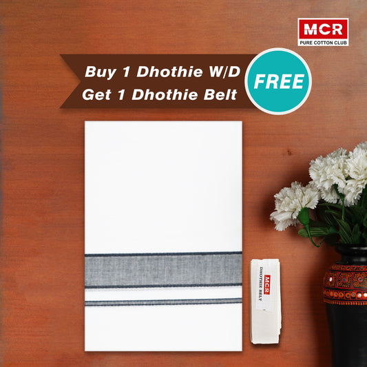 White Double Dhothie Cotton Colour Border For Men - FCD-507 Buy 1 Dhothie Get 1 Dhothie Belt Free (Assorted colours only)