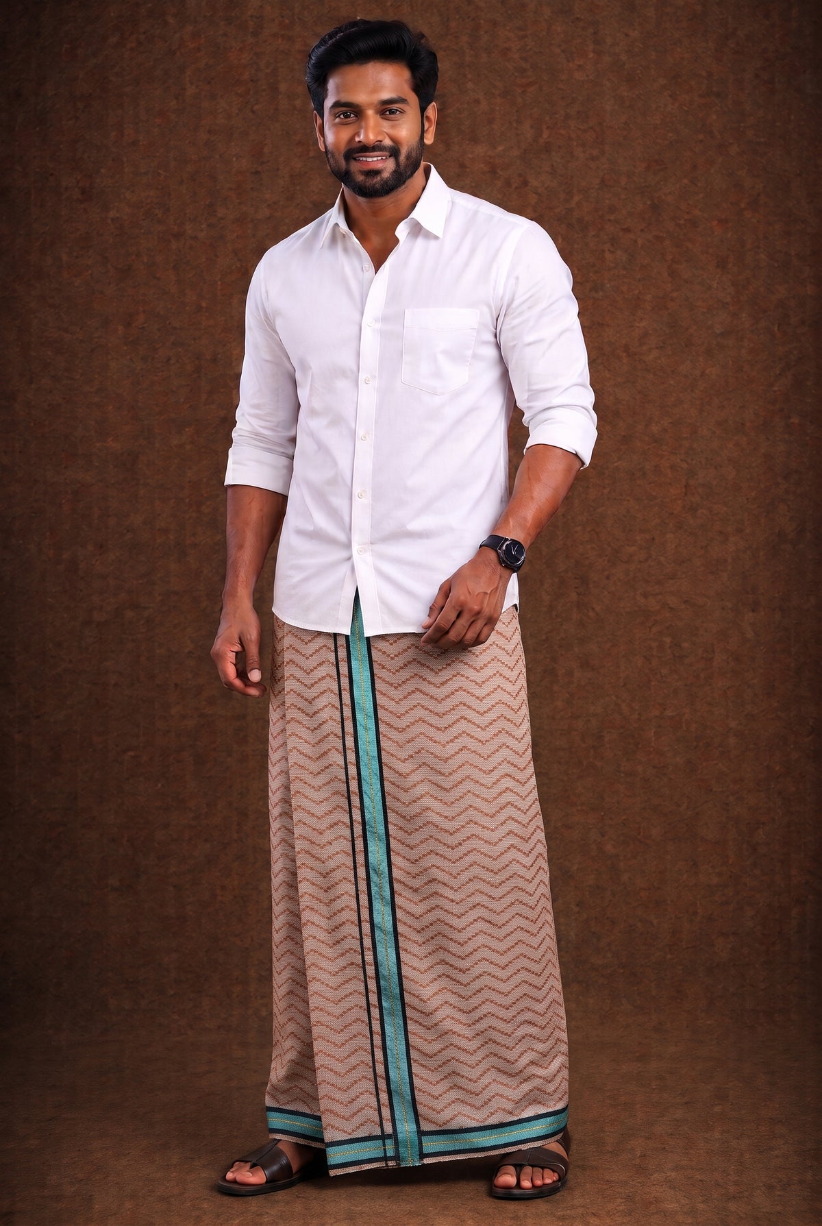 Sulthan Colour Jaquard Dhoti Ethnic Wear - Warm Beige (Assorted Pattern) KV-185