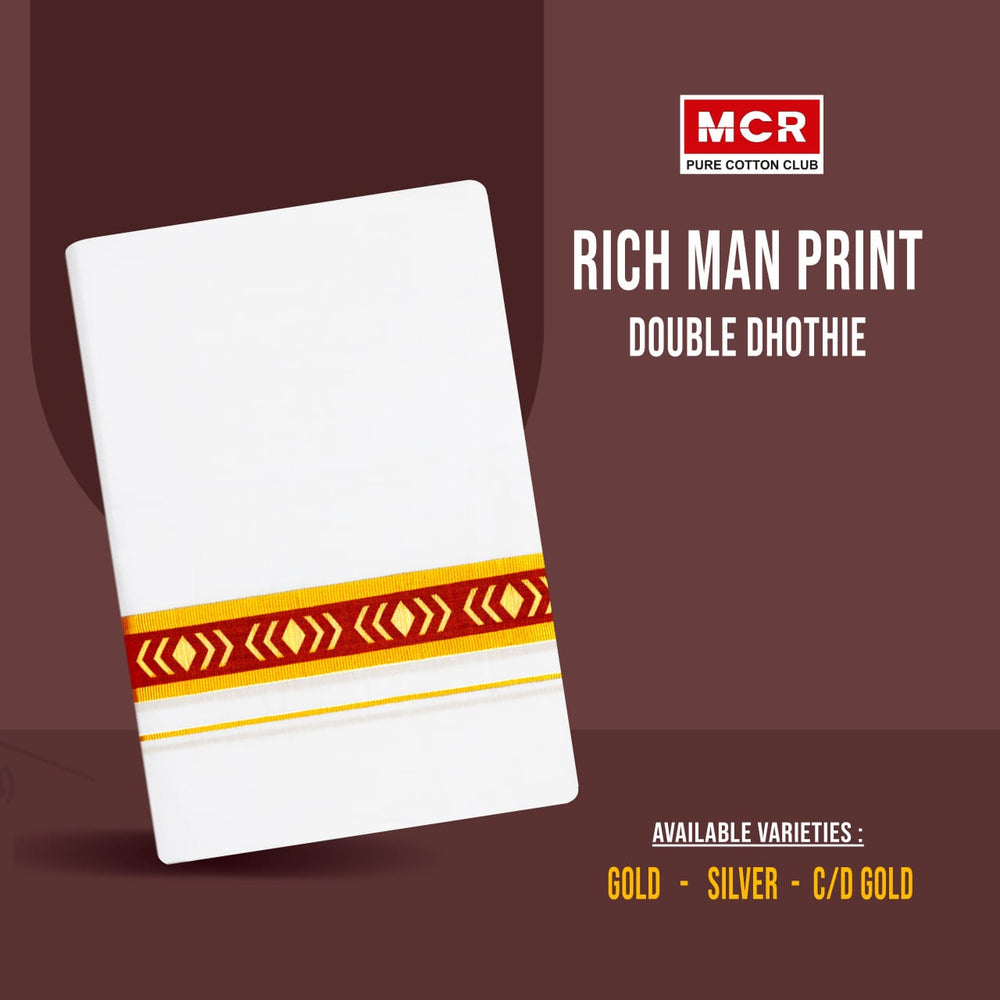 RICH MAN PRINT GOLD JARI WHITE DOUBLE DHOTHIE 3.80 MTR FOR MEN - GLD-174 (Assorted colours only)
