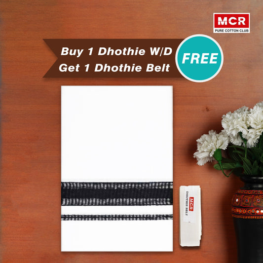 White Double Dhothie Cotton Colour Border For Men - FCD-508 Buy 1 Dhothie Get 1 Dhothie Belt Free (Assorted colours only)